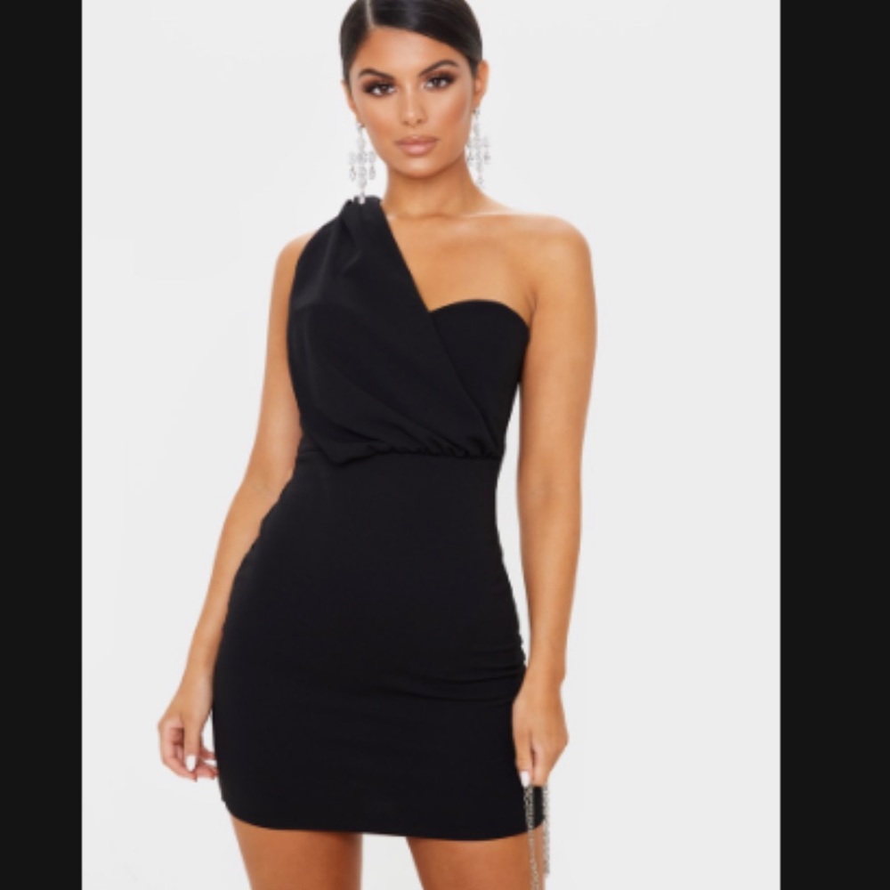 Black one shoulder draped bodycon dress